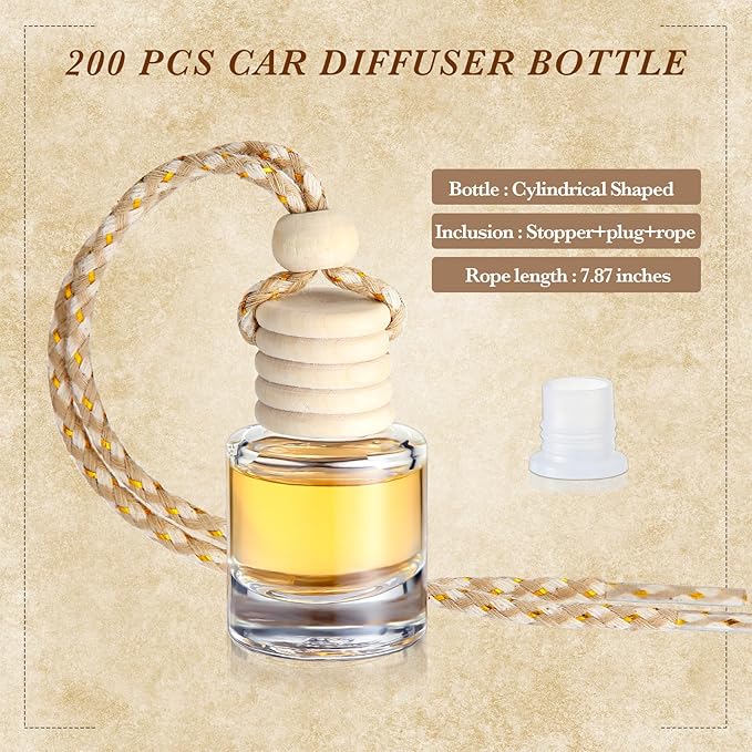 BBTO 200 Pcs Hanging Car Diffuser Bottles Bulk Empty Clear Glass Air Freshener Bottles with Wooden Cap for Perfume Essential Oils Fragrance Aromatherapy Ornament(Cylinder)