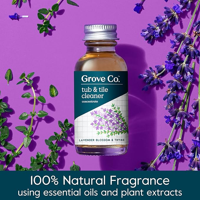 Grove Co. Tub and Tile Cleaner Refill Concentrate (2 x 1 Fl Oz) + 1 x Reusable Glass Spray Bottle (16 Oz) Plant-Based Cleaning Supplies Bundle No Plastic Waste Lavender &amp Thyme Scent