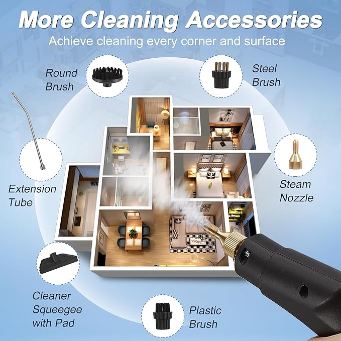 ALILYY Steam Cleaner 2500W Handheld Steam Cleaner for HomeSteamer for Cleaning with 42oz Water Tank6 Cleaning Attachments for Cleaning Stubborn StainsGreaseFloorsCouches &amp CarsBlack