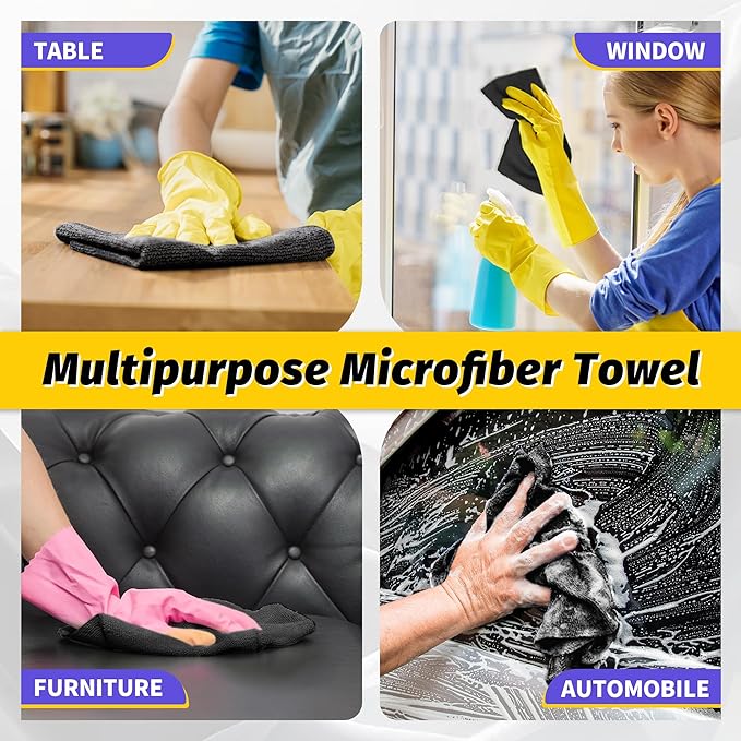 HOMERHYME Microfiber Cleaning Cloth 100 Pack Black Cleaning Rags Microfiber Towel Bulk Absorbent Lint-Free Wash Cloths All-Purpose Towels for Cars Shop Automotive Garage Home &amp Kitchen