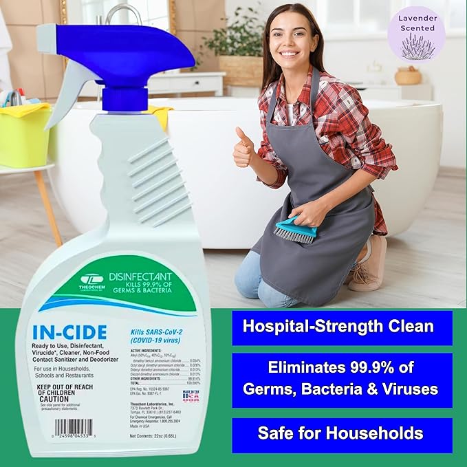 In-Cide EPA Registered Disinfectant Spray - Kills 99.9% of Germs Mold Mildew and MRSA - Multi-Surface Cleaner for Home School &amp Hospital - Fresh Scent - 24 oz (6 Pack)