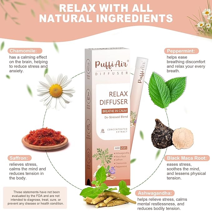 Herbal Diffuser Pen Relax Diffuser with Chamomile Peppermint Saffron Ashwagandha &amp Black Maca Root for Breathing in Calm All Natural Swap - 600 Uses 1 Diffuser 1 Pack