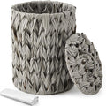 Ctosree 1.3 Gallons Small Trash Can with Lid Handle Boho Woven Braided Bathroom Waste Basket Trash Can with 100 Garbage Bags for Bedroom Office Laundry(GreyBraided PolypropyleneRound)