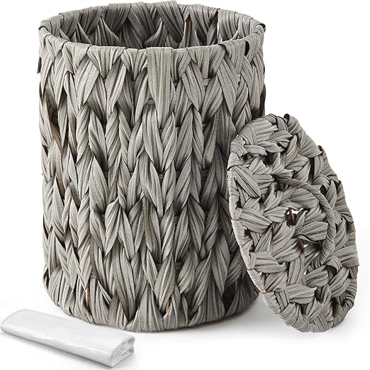 Ctosree 1.3 Gallons Small Trash Can with Lid Handle Boho Woven Braided Bathroom Waste Basket Trash Can with 100 Garbage Bags for Bedroom Office Laundry(GreyBraided PolypropyleneRound)