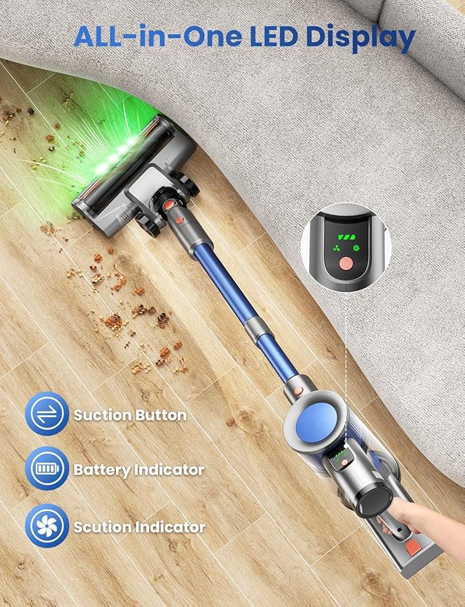 Dzaki Cordless Vacuum Cleaner Stick Vacuum with Smart LED Display 50KPA 55Mins Vacuum Cleaners for Home Powerful Suction Anti-Tangled Lightweight Rechargeable Vac for Pet Hair Carpet