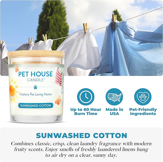 One Fur All Pet House Candle 2 Pack - Plant-Based/Soy - Clean Burning Scented Long Lasting Pet Odor Candle for Home - Sunwashed Cotton