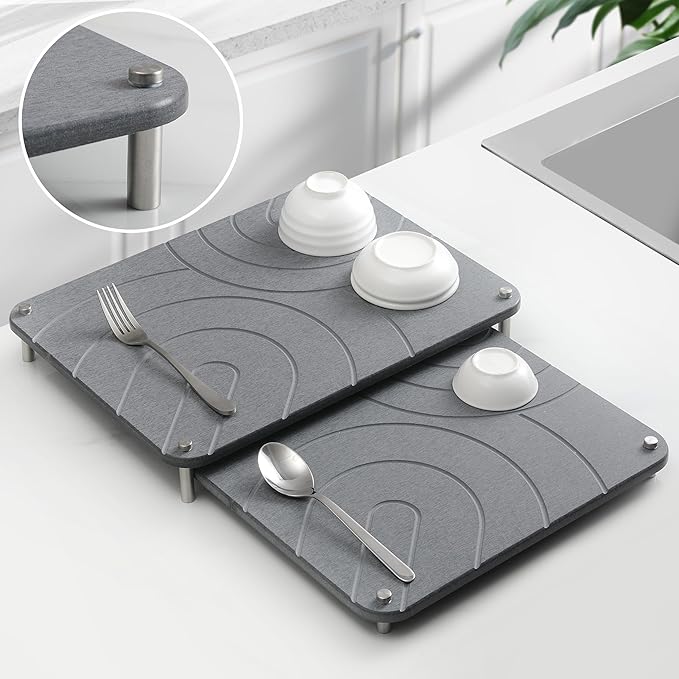 CZWL&ampHG 2 PCs Stone Dish Drying Mats for Kitchen Counter-Diatomaceous Dish Drying Mats Superb Absorbent with Non-Slip Stainless Steel FeetHeat Resistant15.7(L)×11.8(W)