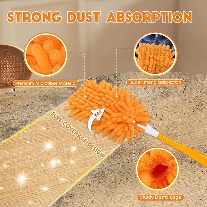16Pcs Reusable Duster Refill Compatible with Swiffer Hand Duster +3FT Extended Handle +1 Handle 360 Heavy Duty Duster Refills for Cleaning Office Ceiling Fan