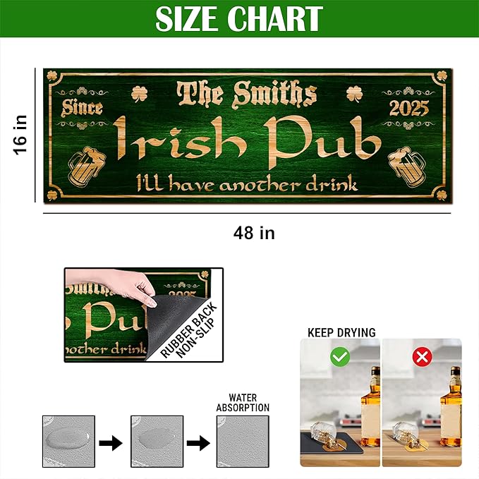 THUYPT Personalized Irish Bar Mat Dish Drying Mat for Irish Pub St Patrick's Day Decor Bar Shamrock Spill Mat Kitchen Counter Accessories Home Bar Decor St Patrick's Day (05)