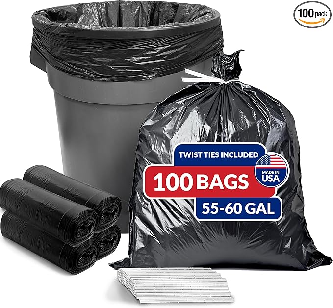 Reli. 55 Gallon Trash Bags Heavy Duty (100 Count) | Black | Twist Ties Included | Extra Tough Leak-Proof Garbage Bags | Ideal for Large Clean Ups
