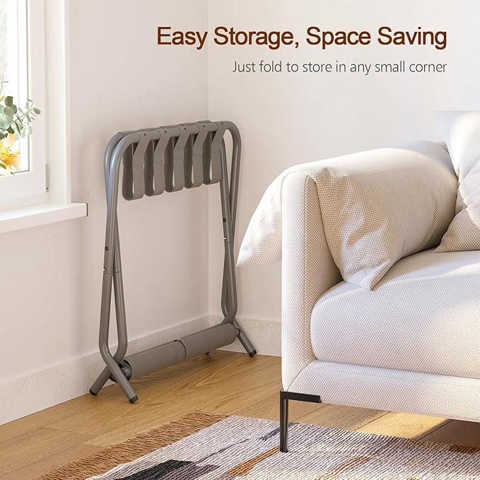 AMHANCIBLE Luggage Rack Set of 2 Foldable Suitcase Stands for Guest Room Metal Luggage Holder with Storage Shelf for Bedroom Hotel Easy Assemble HLR02GY
