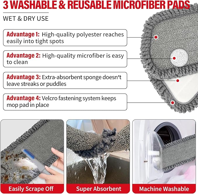 Spray Mops for Floor Cleaning Microfiber Spray Cleaning Mop Kit with 3 Reusable Washable Pads 700ML Refillable Bottle and Scrubber Flat Mop with 360 Degree Swivel Head for Hardwood Laminate (Grey)