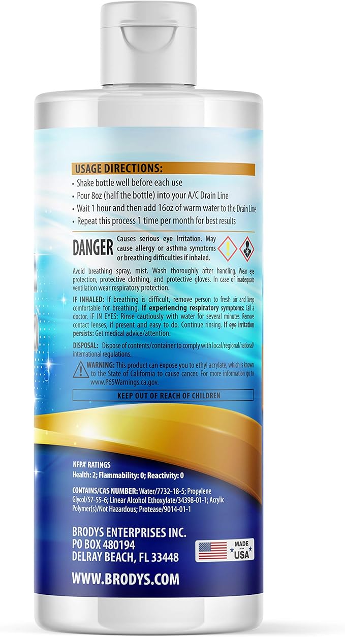 Brodys - A/C HVAC Drain Line Cleaner 16oz Bottle 2 MONTH SUPPLY (Great to use at home in the office at restaurants and large commercial buildings)