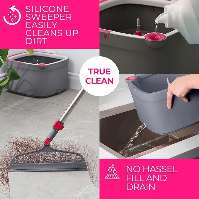 Heavy Duty Square Spin Mop for Floor Cleaning Separate Compartment for Clean and Dirty Water Use Any Cleaning Solution Self Cleaning Machine Washable Pads