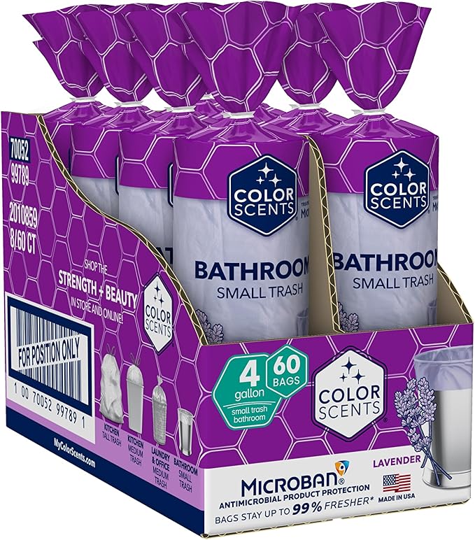 Color Scents Small Trash Bags - 4 Gallon 480 Total Bags (8 Packs of 60 Count) Twist Tie - Lavender bag in Lavender Scent with Microban