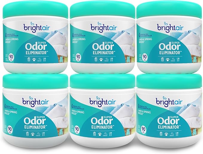 Bright Air 14 oz. Super Odor Eliminator For Medium-Size Spaces Linen &amp Spring Breeze Scent Case of 6 Air Freshener Natural Essential Oils Lasts Up to 90 Days Each