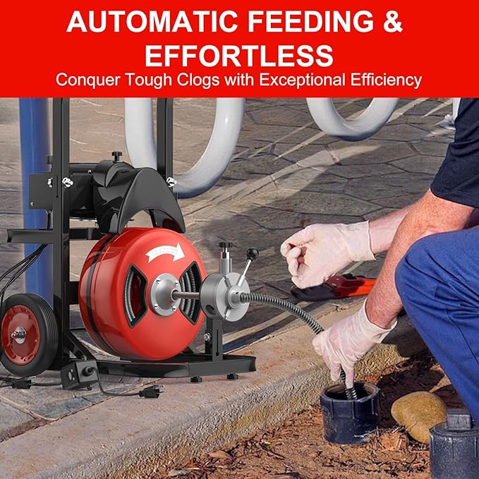 75Ft Drain Cleaning Machine 450w Portable Drain Auger with Wheels 1/2 Auto-Feed Drain Snake with 4 Cutters Electric Sewer Auger for Sink Toilet Floor Drain