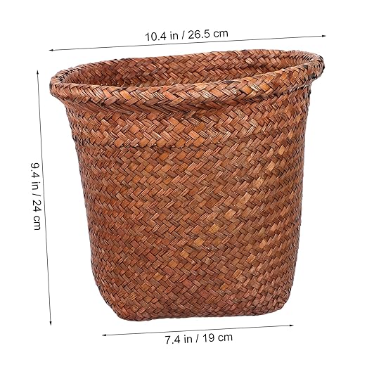 Healifty Natural Straw Woven Wastebasket Small Office Trash Container Open Top Practical Waste Paper Basket Storage Bin for Home and Bedroom