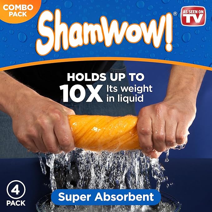 ShamWow Original Super Absorbent Multi-Purpose Cleaning Shammy Chamois Towel Cloth - Holds 10X its Weight in Liquid - Machine Washable - Will Not Scratch (4 Pack: 2 Large Orange &amp 2 Small Blue).