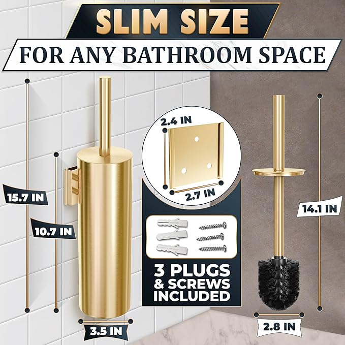 Gold Toilet Brush and Holder Set with Wall Mount - Modern Wall Mounted Toilet Brush Made from Corrosion-Resistant Stainless Steel - Removable Inner Bowl Splash Protection &amp Dense Bristles Supplie