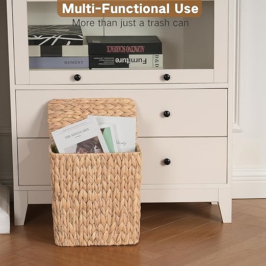Wicker Trash Can Bathroom Trash Can with Lid 3 Gallon Natural Water Hyacinth Waste Basket with Removable Liner for Bedroom Living Room Toilet Under Sink