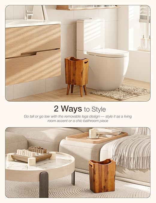 2 Gallons Wooden Trash Can 4 Legs - Acacia Wooden Bin Wood Bathroom Accessories - Small Bin Waste Basket for Bedroom Office Garbage Can - Decorative Bathroom Trash Can - Patent Pending