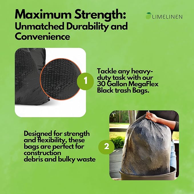 Mighty Flex 30 Gallon Trash Bags Drawstring 100ct Heavy-Duty Large Garbage Bags Ultra-Flexible Leak and Odor-Resistant Plastic Garbage Bags for Home and Commercial Use Unscented (Black)