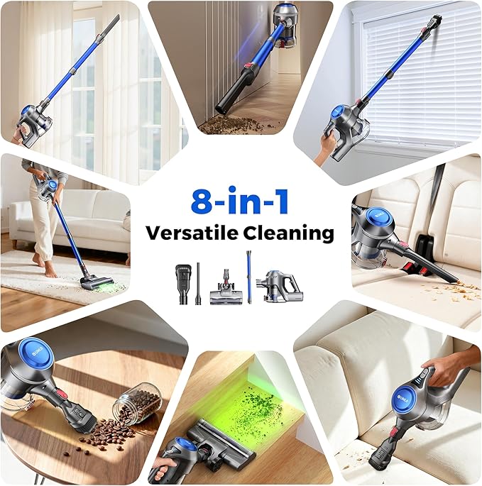 Cordless Vacuum Cleaner 40Kpa Powerful Suction Stick Vacuum Cleaners for Home 45 Mins Runtime 1.6L Dust Box Anti-Tangle 8-in-1 Rechargeable Vacuum for Hardwood Floor Carpet Pet Hair