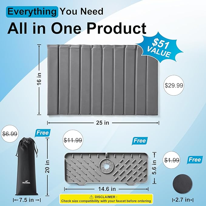 Large PU Leather Surface Quick Drying Dish Drying Mat with Diatomaceous Earth Stone For Kitchen Counter 25x16 – Foldable and Absorbent Kitchen Counter Mat Includes Silicone Faucet Mat Gray