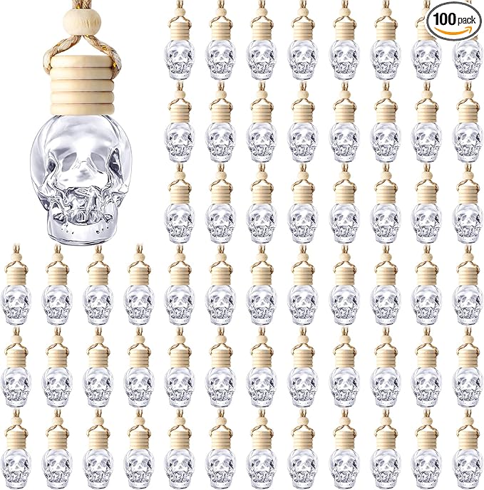 BBTO 100 Pcs Car Air Fresheners Diffuser with Wooden Cap Empty Aromatherapy Diffuser Clear Car Fragrance Holder Pendant Hanging Perfume Fresheners Bottles for Decor(SpookyClear)