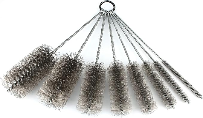 12 Inch Pipe Cleaning Brush Set with Stainless Steel Bristles 8 Piece Variety Pack | for Auto Parts Bottles Guns Tubes etc.