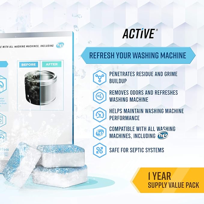 ACTIVE Enzyme Laundry Booster and Washing Machine Cleaner - Includes 2lbs Detergent Boosting Powder and 24ct Washing Machine Cleaning Tablets