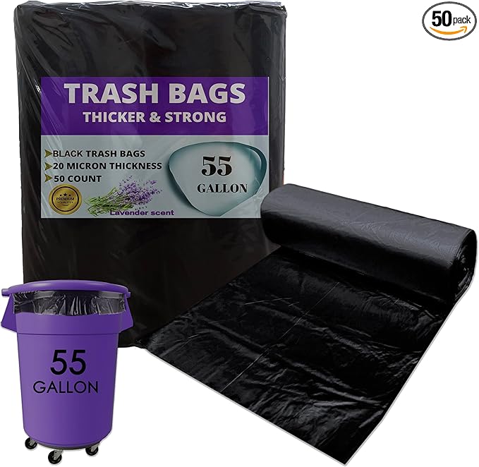 YoYoRain. Lavender Scented 55-60 Gallon Trash Bags | 50 Count | Heavy Duty Black Garbage Bags for Home Office Yard