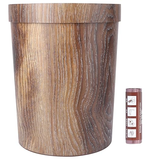 Vintage Wood Grain Trash Can Garbage Bin 10L Plastic Wastebasket with 1 Roll Trash Bags for Bedroom Kitchen Living Room Home Office Use