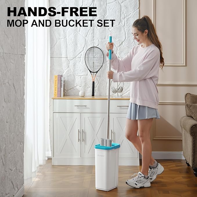 Mop and Bucket Set Mops for Floor Cleaning Squeeze Flat Mop and Bucket System Dry &amp Wet Wall Mop Cleaner with Long Handle for Household Cleaning with 4 Microfiber Mops Turquoise-Cyan