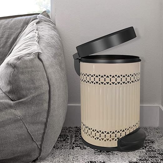 nu steel 5 Liter Round Small Metal Step Trash Can Wastebasket Garbage Container Bin - for Bathroom Powder Room Bedroom Kitchen Craft Room Office - Removable Liner Bucket - 8 x 8 x 12 – Ivory