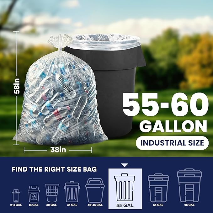 Plasticplace Heavy Duty 55-60 Gallon Trash Bags – Clear Garbage Can Liners (38” x 58”) – Durable Multiuse Puncture-Resistant 50 Count – Ideal for Kitchens Warehouses and Recycling Trashbags 1.5 Mil