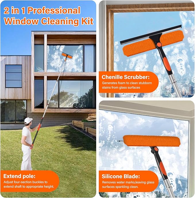 14 Window Squeegee with Extension Pole26FT Reach High Window Washers for High Outside WindowsProfessional Window Cleaning Tool Kit Include Replacement180°Rotatable Squeegee for Indoor/Outdoor