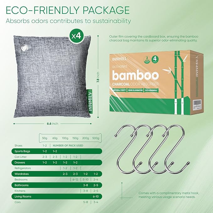 Activated Charcoal Odor Absorber Odor Eliminator for Strong OdorBamboo Charcoal Air Purifying Bags for Home Car Closet Pet Smoke Room Deodorizer (4 x 500g Large Unscented)
