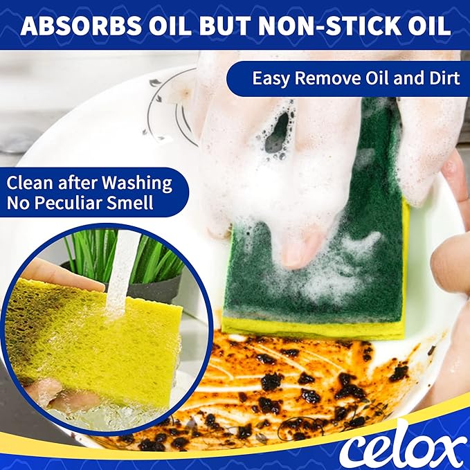CELOX Grout Brush with Long Handle and 12 Pack Yellow Dish Sponge for Kitchen