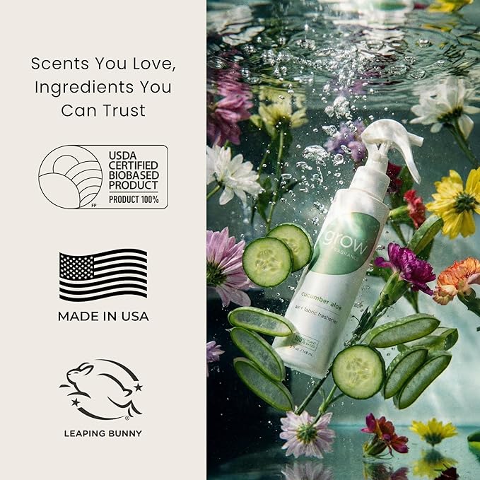 Grow Fragrance Certified Non Toxic 100% Plant Based Fabric and Room Air Freshener Spray. Made with All Natural Essential Oils (Cucumber Aloe 2 Pack) 2 x 5oz