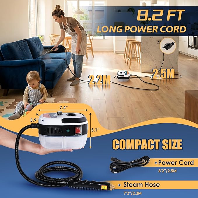 2500W Handheld Steam Cleaner Pressurized Steam Cleaning Machine with 3 Brush Heads 20s Heat Up 1L Tank Multipurpose Mini Portable Steamer for Tile Grout Furniture Kitchen Car Home