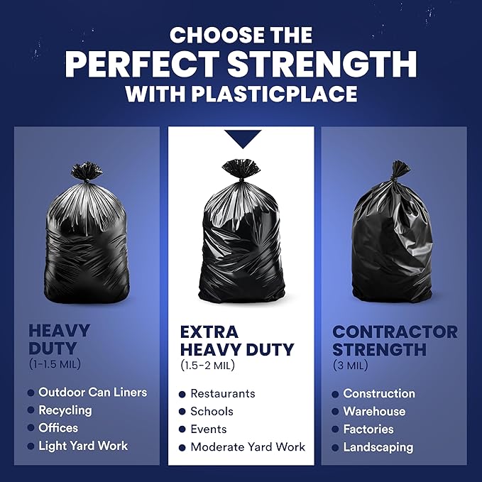 Plasticplace 55-60 Gallon Trash Bags Heavy Duty Black Garbage Can Liners Puncture-Resistant Star Seal 38 x 58 100 Count for Warehouse Kitchen and Outdoor Use 1.5 Mil