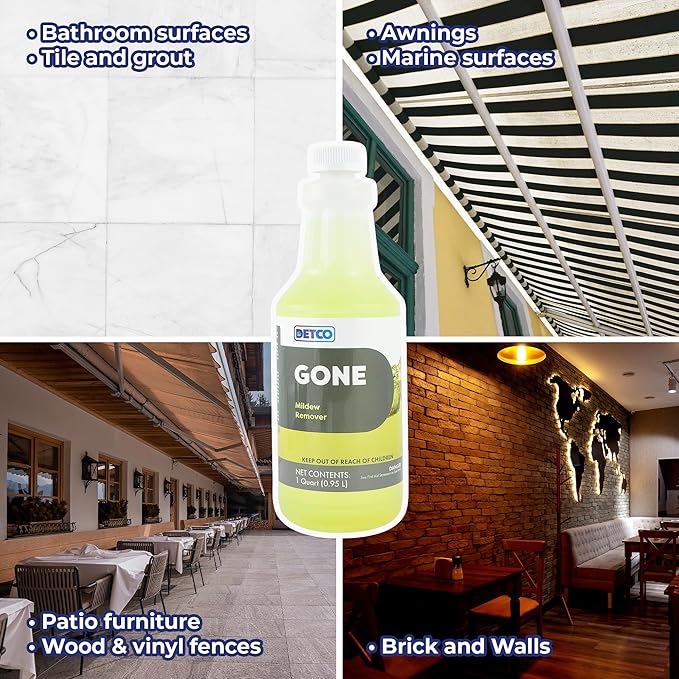 GONE Instant Mold &amp Mildew Remover - 12.5% Bleach Industrial-Strength Cleaner Stain Removal on Shower Siding Bathroom Tile Grout Trim Boats and Outdoor Furniture 1-Quart Spray Bottle