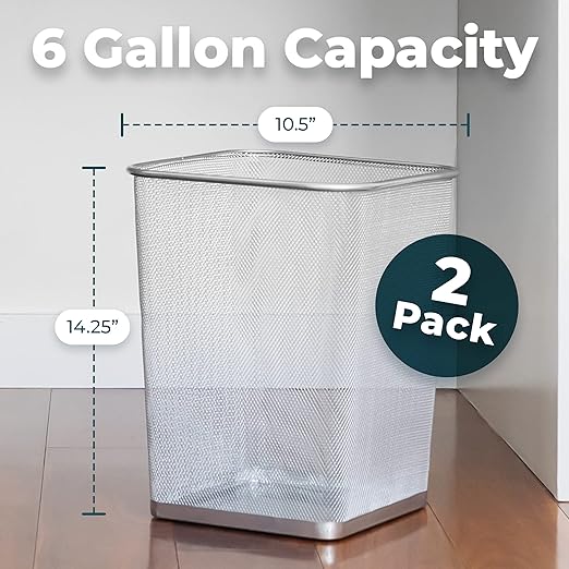 Greenco Mesh Square Wastebasket 6 Gallon 2pk (Silver) - Lightweight Garbage Trash Cans for Bedroom Kitchen Dorm - Trash Can for Office &amp Home