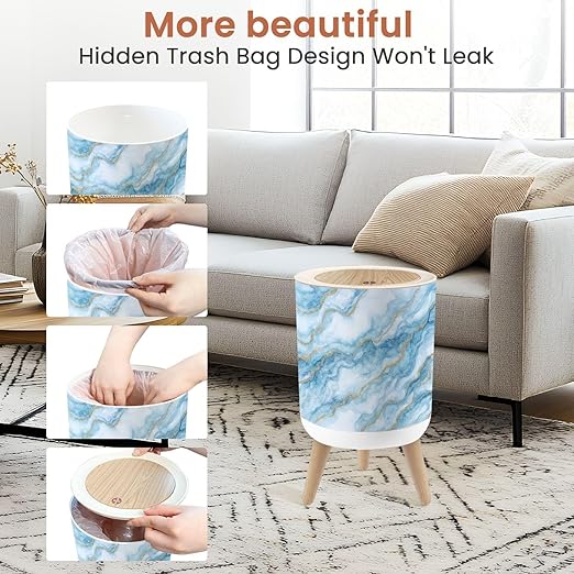 Bathroom Trash Can with Lid Abstract White Blue Marble Gold Glitter Veins Fake Stone Texture Garbage Bin Waste Basket for Kitchen Office Bedroom Decoration Diaper Pail 1.8 Gallon
