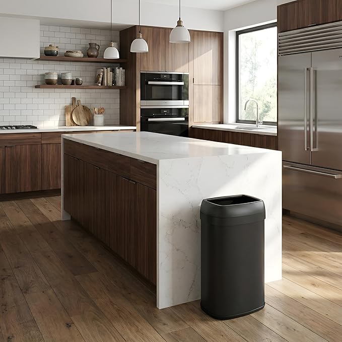 iTouchless 16 Gallon / 61 Liter Open Top Kitchen Trash Can &amp Recycle Bin Matte Black Stainless Steel Commercial Grade Garbage Bin with Dual Odor Filters for Office Garage Restaurant and Home