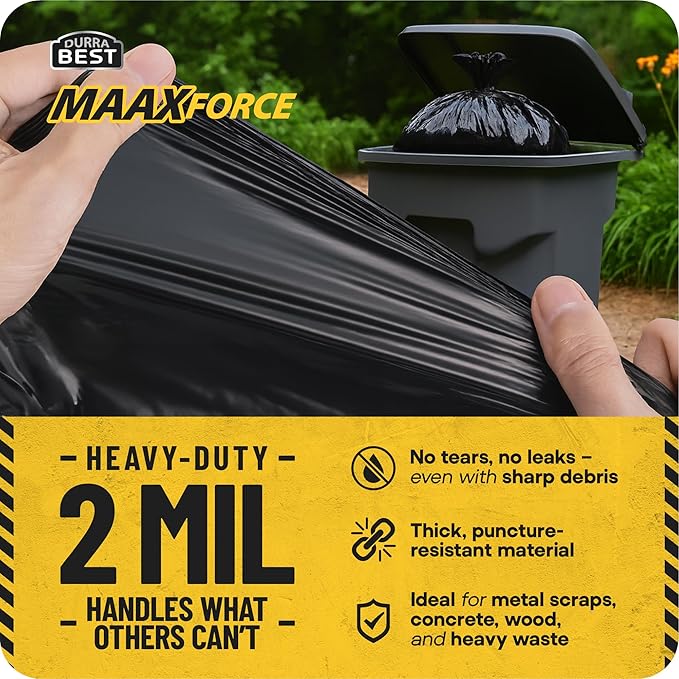 MAAXForce 55 Gallon Contractor Trash Bags | 2 Mil Heavy-Duty Black Garbage Bags | Leak-Proof Puncture-Resistant | Made in USA | 36 x 56 Large Construction &amp Yard Cleanup Bags (40-Count)