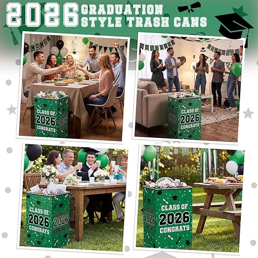 Tinlade 6 Pack 2026 Green Graduation Decoration 13 Gallon Disposable Trash Cans Class of 2026 Party Garbage Bins Large Waterproof Foldable Recycle Pop up Bins for Graduation Party School