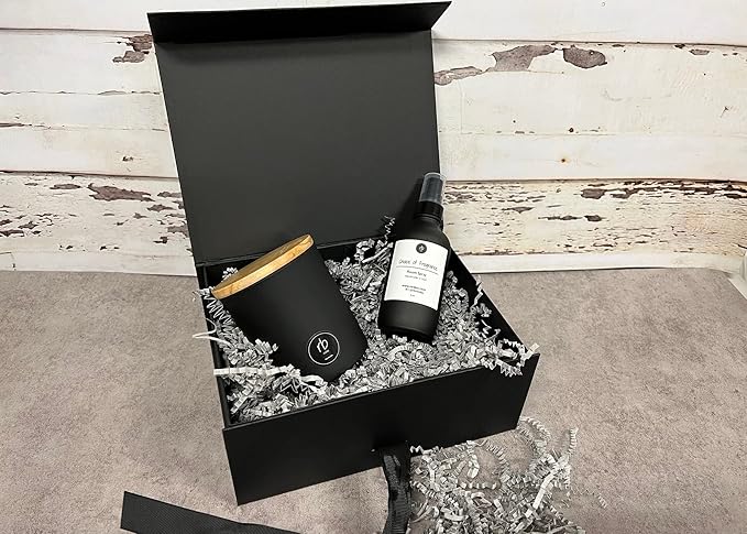 ROSBAS Gift Set Cinnamon Vanilla Scented Candle and Room Spray 7 oz Soy Wax Candle with Wooden Lid and 4 oz Spray Bottle Black Cotton Wick Air Freshener Gift Packaged Handmade in USA